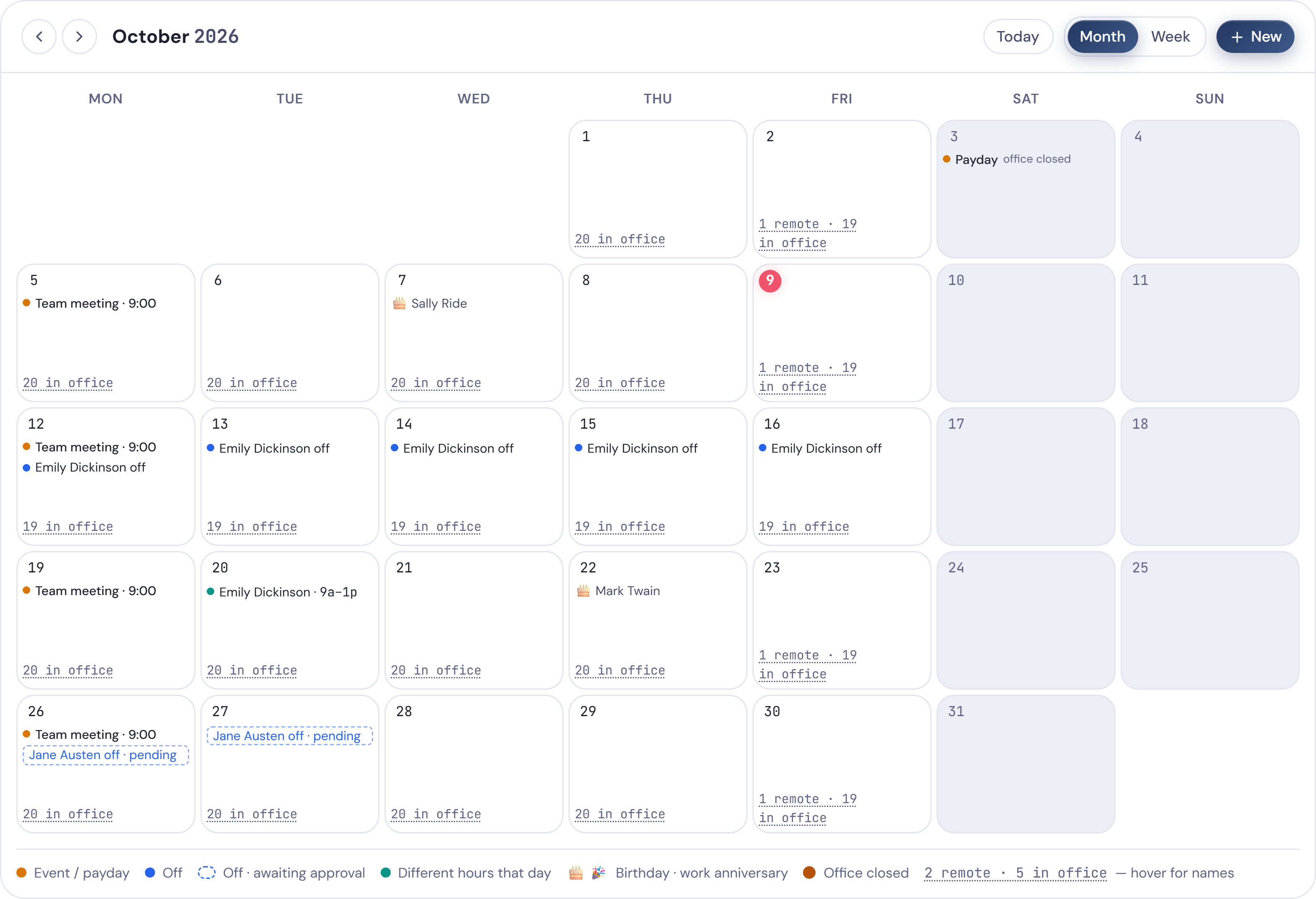 The office calendar for October: the weekly team meeting, payday, a team member’s week off, a request awaiting approval, two birthdays, a half day and the remote days.