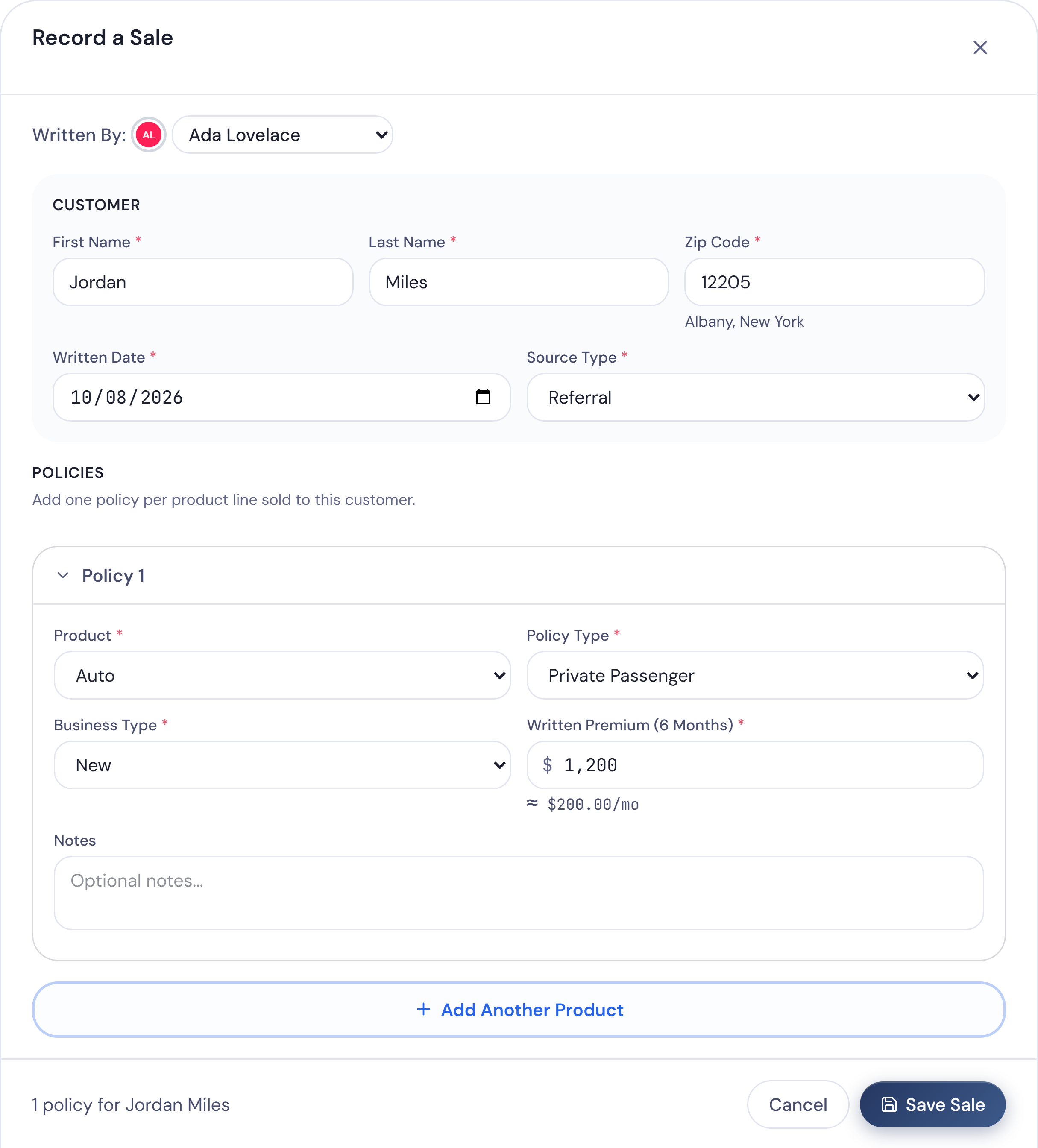 The Record a sale form in Agency Edge, with the producer, written date, product, premium and source fields